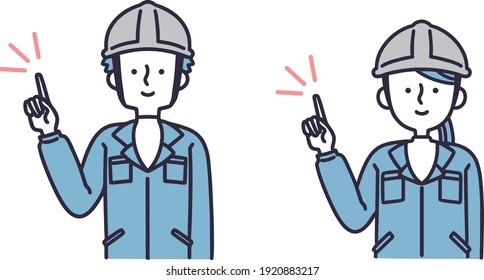 Simple illustrations of men and women wearing work clothes and pointing 