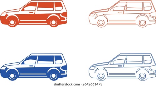 Simple illustrations of a minivan in four different color variations: solid orange, orange outline, solid blue, and blue outline.  Perfect for transportation, travel, or vehicle-related designs.