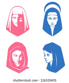 simple illustrations of spiritual or saint woman in scarf with closed eyes, in mediation or prayer. Logo design. Vector eps file.