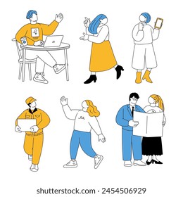 Simple illustrations of working men and women, delivery personnel and people in suits