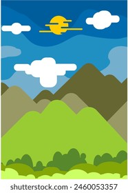 Simple Ilustration Scenery of Green Hills and Grey Mountains with Blue Skies and White Clouds and Sun Shine