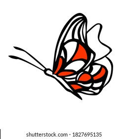 Simple image of a butterfly with red veins on its wings. Freehand drawing, lineart