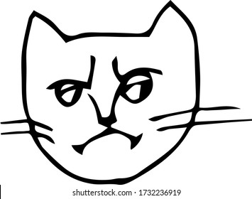 A simple image of a cat's head with emotion. doodle style. can be used as an element for the design of fabrics, notebooks, packaging, web