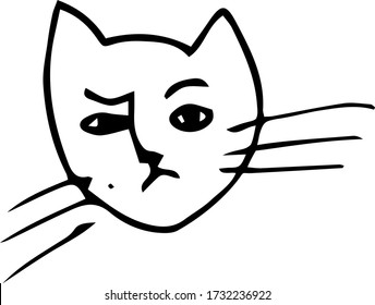 A simple image of a cat's head with emotion. doodle style. can be used as an element for the design of fabrics, notebooks, packaging, web