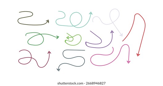 a simple image featuring a variety of colorful, hand-drawn arrows pointing in various directions, set against a clean, white background. The arrows are whimsical.