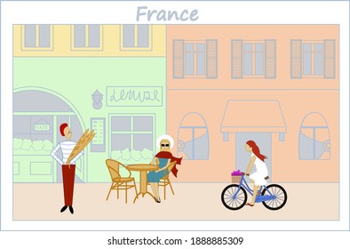 A simple image of a French street. Provence. Three people in the foreground. A man holding three baguettes. Lady sits at tables in a cafe. Young girl riding a bicycle. Vector illustration.