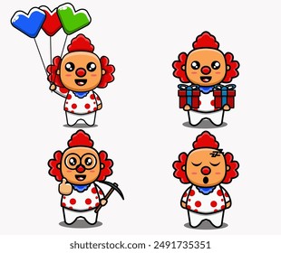 simple image of a group of clowns, holding balloons, holding gifts, wearing glasses, experision of sleeping. vector illustration design