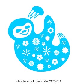 Simple image of a happy baby sloth animal. Blue silhouette with floral pattern.