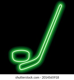 A simple image of a hockey stick and puck. Green neon contour. Vector icon illustration