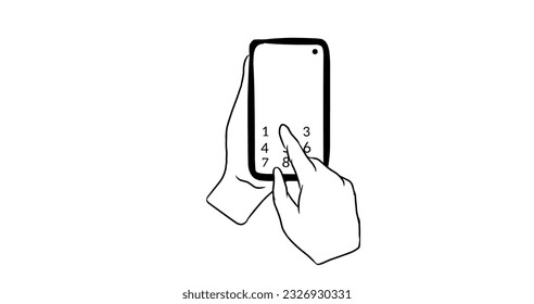 Ein einfaches Bild, ein Handy zu halten, in einer einfachen Handzeichnung. mit Zahlen