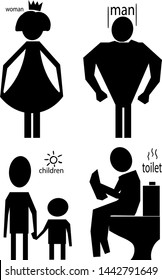 A simple image of a man sitting on the toilet and reading a newspaper. There are also characters such as children, and on top of a man and a woman with a crown.
