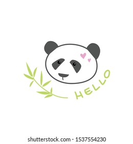 A simple image of a panda's head. Hand draw lettering hello