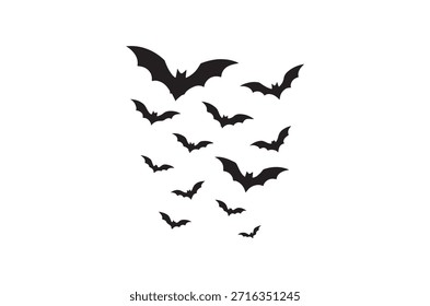 Uma imagem simples mostrando um grupo de morcegos negros em voo sobre um fundo branco.