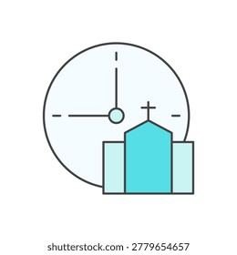 A simple image shows a church building with a cross in front of a large clock face. The scene uses soft blue and gray tones with clean outlined shapes.