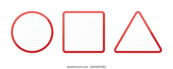 A simple image of three geometric shapes: a red outlined circle, square, and triangle. These are isolated against a white background. Each shape's interior is filled with white.