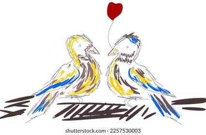 Simple image of two birds with one of them holding heart baloon 