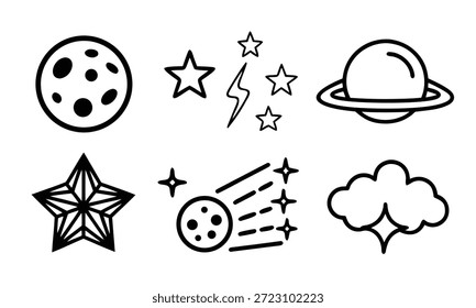 A simple and imaginative illustration of various celestial objects and symbols, including a moon, stars, planet, cloud, and meteor, in a black and white design.