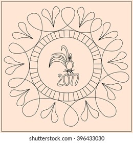 Simple, imperfect marker drawing imitating stylized, ornamental, picture rooster with the inscription 2017 in the art nouveau style and zentangle.