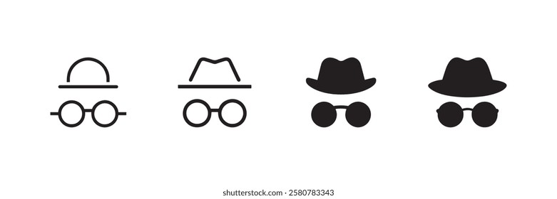 Simple incognito man vector icons featuring different hat and glasses styles perfect for security privacy detective and anonymous themes in digital design and branding