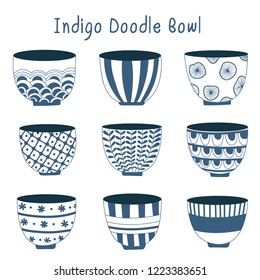 Simple indigo Hand drawn kitchenware, japanese ceramics, craft and handmade concept
