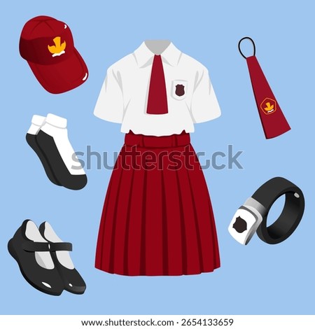 Simple Indonesian Elementary School Uniform Set Illustration. Red and White Outfit with Cap and Tie