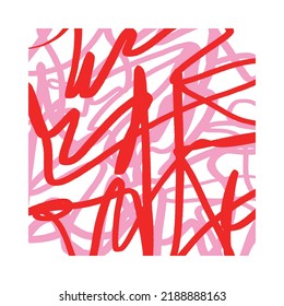 Simple Infantile Style Abstract Vector Illustration with Red and Pastel Pink Messy Lines on a White Background.Cool Naive Style Print with Irregular Hand Drawn Lines in White Frame ideal for Wall Art.