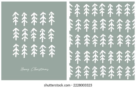 Simple Infantile Style Christmas Tree Card and Seamless Vector Pattern. Winter Forest Print. White Abstract Pines on a Pale Mint Blue Background. Christmas Tree Repeatable Design.