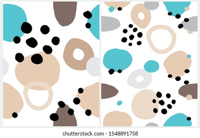 Simple Infantile Style Geometric Seamless Vector Patterns. Blue, Brown, Gray and Black Circles Isolated on a White Background. Colorful Print for Fabric, Wrapping Paper, Baby Boy Party Decoration. 