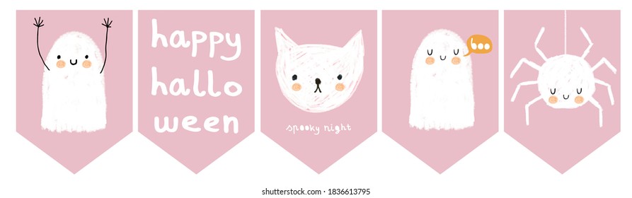 Simple Infantile Style Halloween Party Flags with Funny Ghost, White Cat and Fluffy Spider. White Ghosts, Kitty and Spider Isolated on a Pastel Pink Background. Lovely Pink Halloween Decoration.