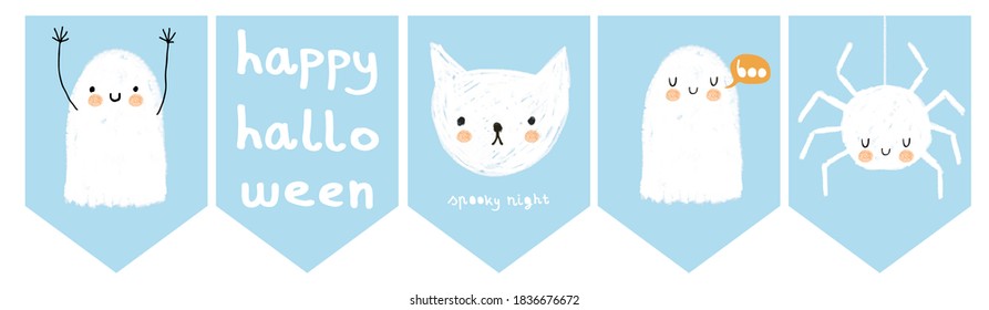 Simple Infantile Style Halloween Party Flags with Funny Ghost, White Cat and Fluffy Spider. White Ghosts, Kitty and Spider Isolated on a Pastel Blue Background. Lovely Halloween Decoration.