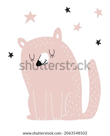 Simple Infantile Style Nursery Vector Art with Cute Dog Dreaming Under the Starry Sky. Funny Print ideal for Card, Wall Art, Poster. Pink Dog and Stars on a White Background.