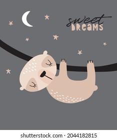 Simple Infantile Style Vector Nursery Art with Baby Sloth ideal for Card, Wall Art, Kids Room Decoration. Cute Hand Drawn Little Sloth, Moon and Stars Isolated on a Dark Gray Background. Sweet Dreams.