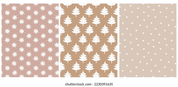 Simple Infantile Style Winter Holidays Seamless Vector Patterns. Winter Forest Print. Abstract White Pine Trees, Snowflakes and Tiny Stars on a Pstel Pink, Beige and Light Brown Repeatable Design.