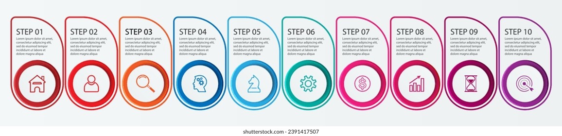 Simple infographic 10 parts or options, simple design with circles and square solid lines with colorful colors, icons, text and numbers, for presentations, flow diagrams and your business