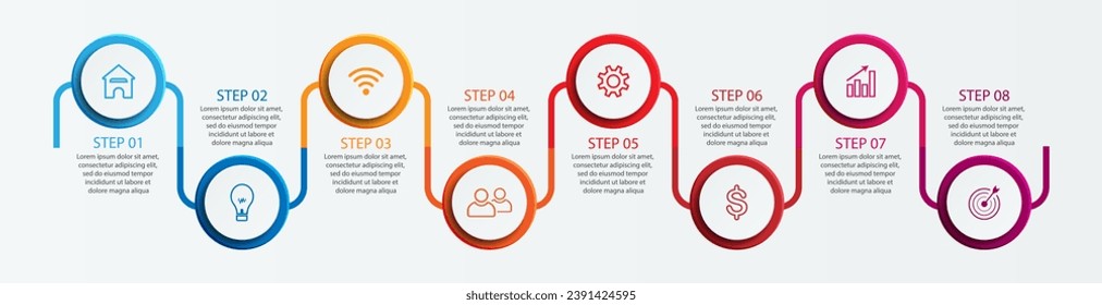 Simple infographic 10 parts or options, simple design with interrelated circles and lines with colorful colors, icons, text and numbers, for presentations, flow diagrams and your business