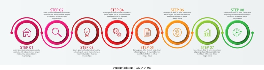 Simple infographic 10 parts or options, simple design with interrelated circles and lines with colorful colors, icons, text and numbers, for presentations, flow diagrams and your business