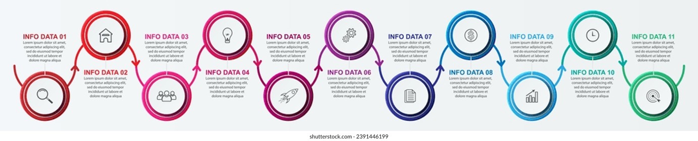 Simple infographic 11 parts or options, simple design with interrelated circles and lines with colorful colors, icons, text and numbers, for presentations, flow diagrams and your business