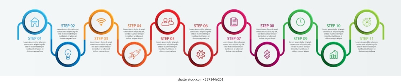 Simple infographic 11 parts or options, simple design with interrelated circles and lines with colorful colors, icons, text and numbers, for presentations, flow diagrams and your business