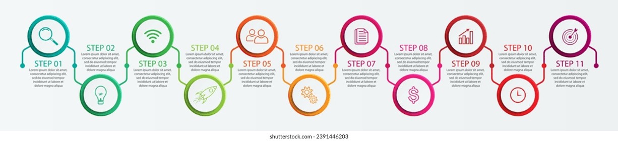 Simple infographic 11 parts or options, simple design with interrelated circles and lines with colorful colors, icons, text and numbers, for presentations, flow diagrams and your business