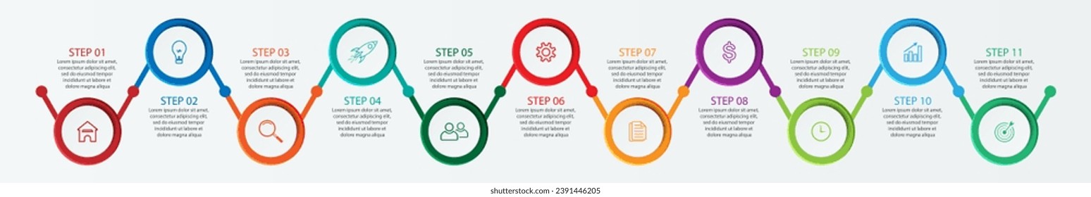 Simple infographic 11 parts or options, simple design with interrelated circles and lines with colorful colors, icons, text and numbers, for presentations, flow diagrams and your business