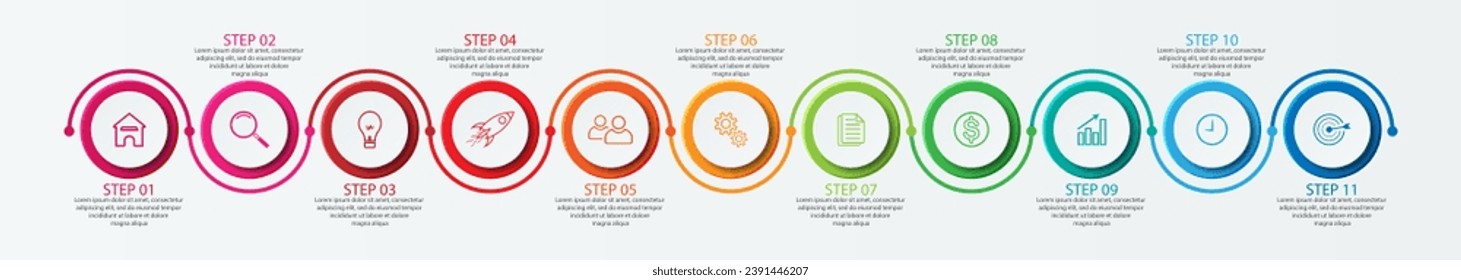 Simple infographic 11 parts or options, simple design with interrelated circles and lines with colorful colors, icons, text and numbers, for presentations, flow diagrams and your business