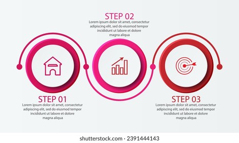 Simple infographic 3 parts or options, simple design with interrelated circles and lines with colorful colors, icons, text and numbers, for presentations, flow diagrams and your business