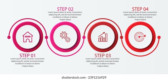 Simple infographic 4 parts or options, simple design with colorful circles and lines. icons, text and numbers, for presentations, flow diagrams and your business