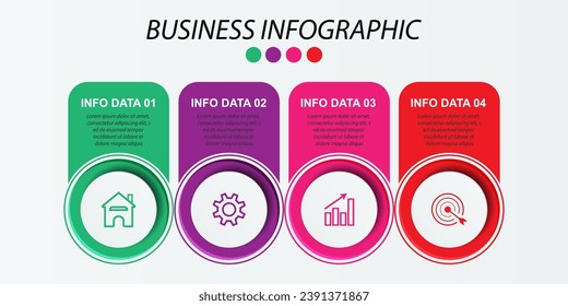 Simple infographic 4 parts or options, simple design with circles and square solid lines with colorful colors, icons, text and numbers, for presentations, flow diagrams and your business