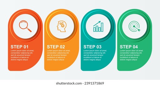 Simple infographic 4 parts or options, simple design with circles and square solid lines with colorful colors, icons, text and numbers, for presentations, flow diagrams and your business