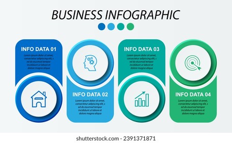 Simple infographic 4 parts or options, simple design with circles and square solid lines with colorful colors, icons, text and numbers, for presentations, flow diagrams and your business