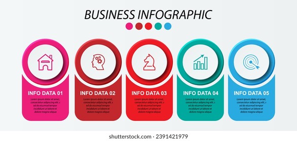 Simple infographic 5 parts or options, simple design with circles and square solid lines with colorful colors, icons, text and numbers, for presentations, flow diagrams and your business