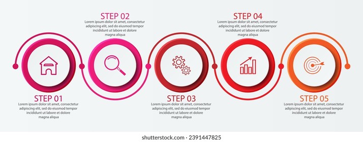 Simple infographic 5 parts or options, simple design with interrelated circles and lines with colorful colors, icons, text and numbers, for presentations, flow diagrams and your business