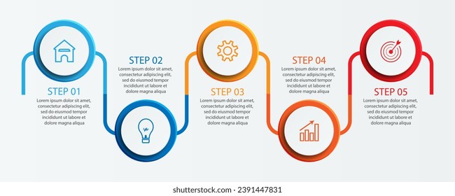 Simple infographic 5 parts or options, simple design with interrelated circles and lines with colorful colors, icons, text and numbers, for presentations, flow diagrams and your business