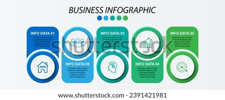 Simple infographic 5 parts or options, simple design with circles and square solid lines with colorful colors, icons, text and numbers, for presentations, flow diagrams and your business